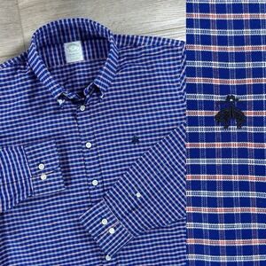 Brooks Brothers Medium Milano Fit Blue Plaid Non-Iron Stretch Cotton Blend